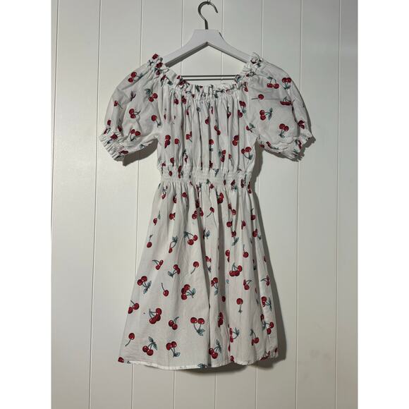 Amorini White Cherry Print Shirred Off Shoulder Puff Sleeve Mini Dress S - Picture 3 of 6